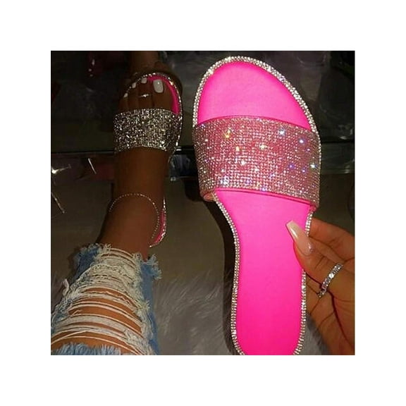 Women Summer Flat Sandals All Over Print Solid Color Slides For Indoor Outdoor Use Sparkly Diamond Design