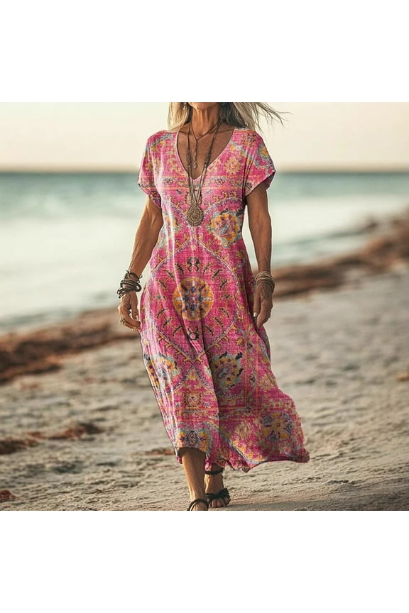 Women Summer Floral Dress Short Sleeve Beach Dress With Pockets Casual V-Neck Split Long T-Shirt Dress Travel Vacation