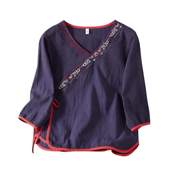 Women Summer Floral Embroidered Cotton Linen Retro Chinese Button Blouses Qipao Shirts Long Sleeve Side Slit Tops