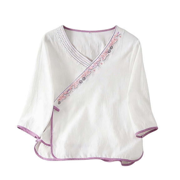 Women Summer Floral Embroidered Cotton Linen Retro Chinese Button Blouses Qipao Shirts Long Sleeve Side Slit Tops