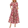 thumbnail image 1 of Women Summer Floral Midi Dresses Casual Boho Puff Short Sleeve V Neck Button Belt Flowy Maxi Beach Vacation Dress, 1 of 5