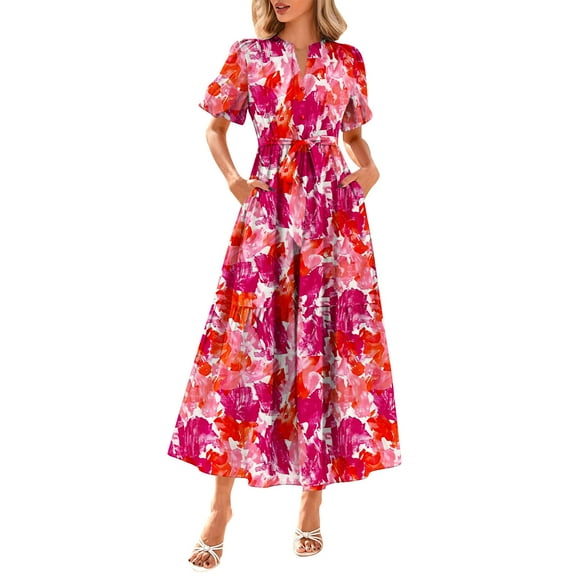 Women Summer Floral Midi Dresses Casual Boho Puff Short Sleeve V Neck Button Belt Flowy Maxi Beach Vacation Dress