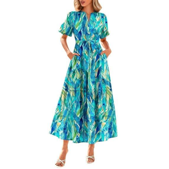 Women Summer Floral Midi Dresses Casual Boho Puff Short Sleeve V Neck Button Belt Flowy Maxi Beach Vacation Dress
