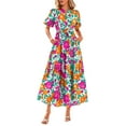 thumbnail image 1 of Women Summer Floral Midi Dresses Casual Boho Puff Short Sleeve V Neck Button Belt Flowy Maxi Beach Vacation Dress, 1 of 6