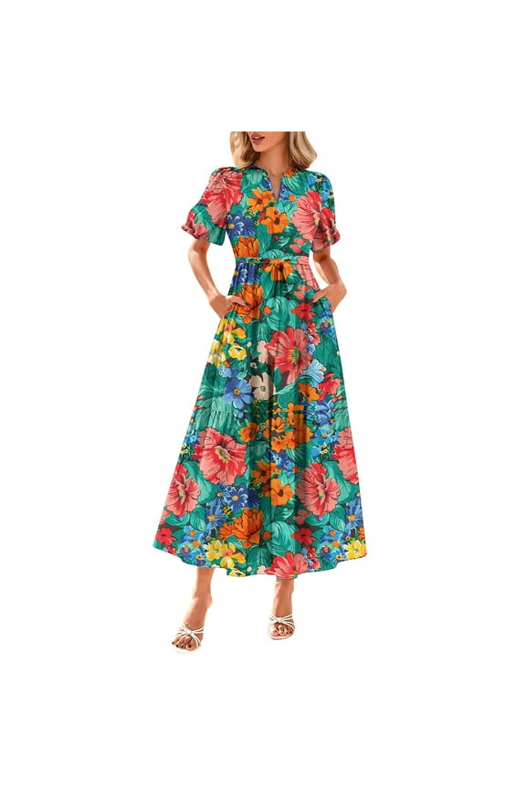 Women Summer Floral Midi Dresses Casual Boho Puff Short Sleeve V Neck Button Belt Flowy Maxi Beach Vacation Dress
