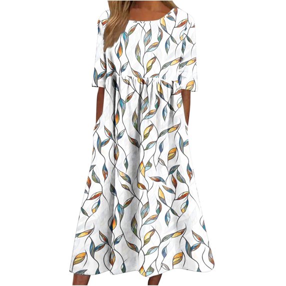 Women Summer Floral Midi Dresses Casual Boho Short Sleeve Round Neck Flowy Maxi Beach Vacation Dress with Pockets