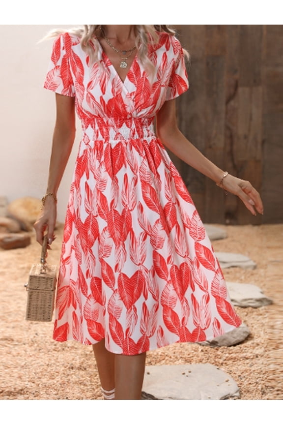 Women Summer Floral Print V-Neck Dress Short Sleeve High Waist Midi Slim-Fit A-Line Dresses Beach Streetwear