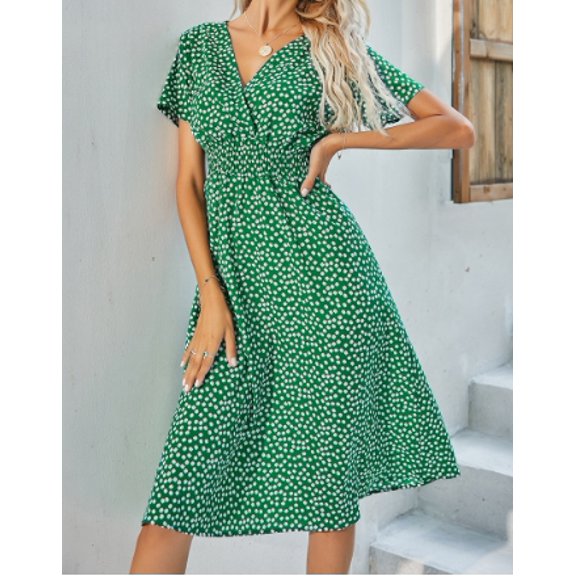 Women Summer Floral Print V-Neck Dress Short Sleeve High Waist Midi Slim-Fit A-Line Dresses Beach Streetwear