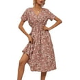 thumbnail image 1 of Women Summer Floral Print V-Neck Dress Short Sleeve High Waist Midi Slim-Fit A-Line Dresses Beach Streetwear, 1 of 10