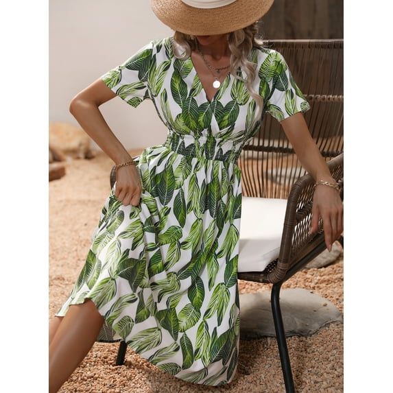 Women Summer Floral Print V-Neck Dress Short Sleeve High Waist Midi Slim-Fit A-Line Dresses Beach Streetwear