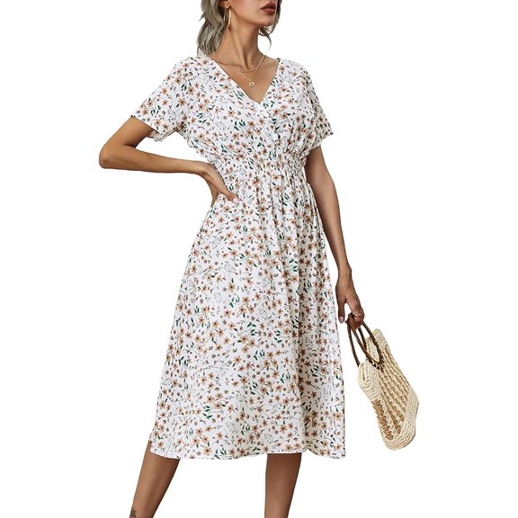 Women Summer Floral Print V-Neck Dress Short Sleeve High Waist Midi Slim-Fit A-Line Dresses Beach Streetwear