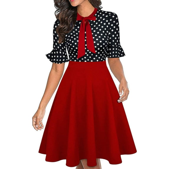 Women Summer Floral Ruffle Sleeve Wear to Work Church Wedding Guest Party Dresses Red Dot L