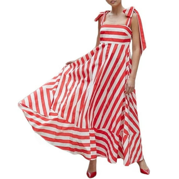 Women Summer Floral Sleeveless Maxi Dress Casual Spaghetti Strap Tiered Flowy Beach Long Dress Red L