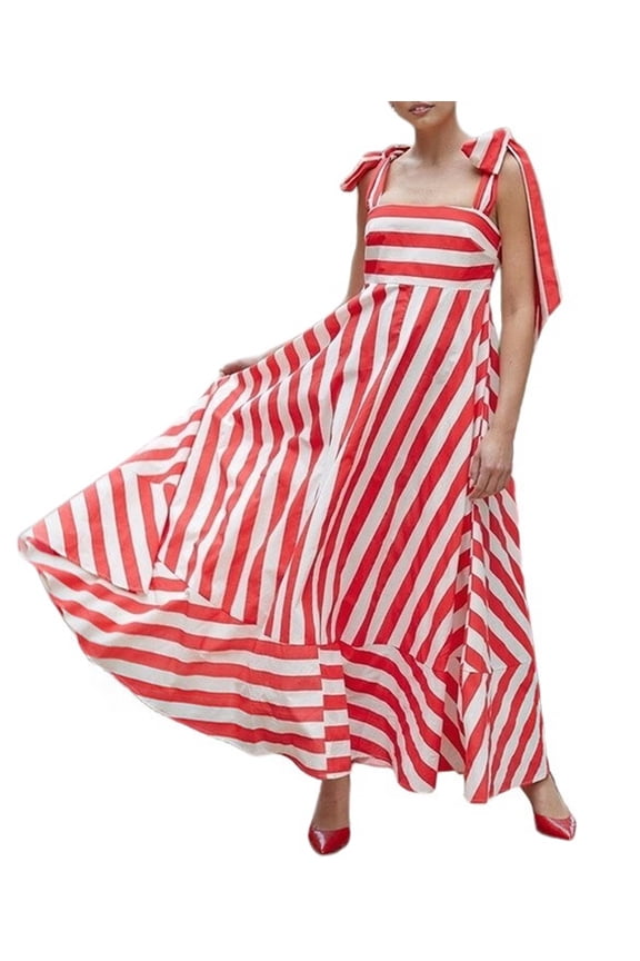 Women Summer Floral Sleeveless Maxi Dress Casual Spaghetti Strap Tiered Flowy Beach Long Dress Red S