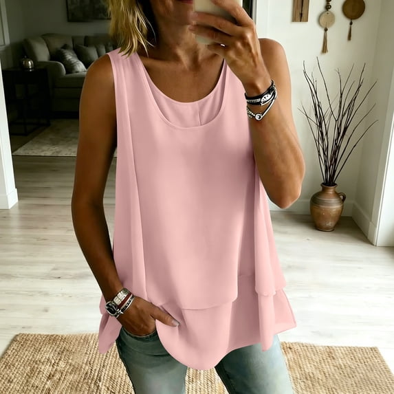 Women Summer Flowy Tank Tops Double Layer Crew Neck Sleeveless Loose Casual Elegant Tunic Blouses XXL