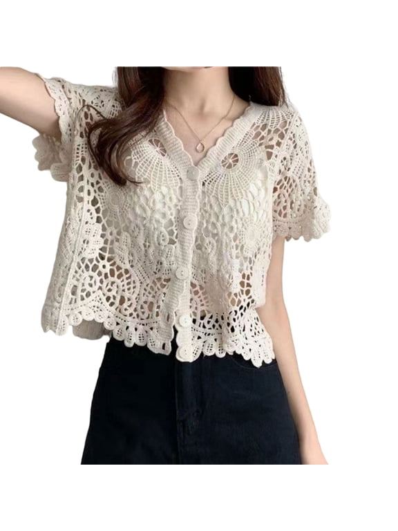 Women Summer French Style Short Sleeve Lace Shrug Hollow Out Crochet Knit Bolero Cardigan V-Neck Button Down Sheer Crop Top Jacket Beachwear
