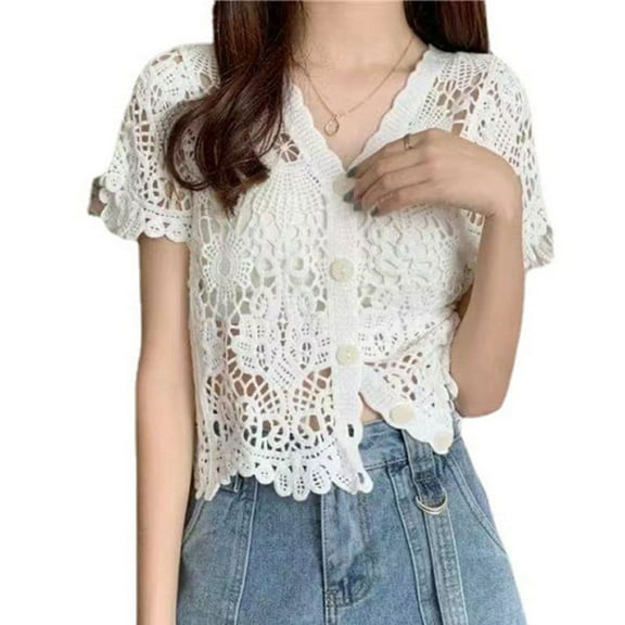 Women Summer French Style Short Sleeve Lace Shrug Hollow Out Crochet Knit Bolero Cardigan V-Neck Button Down Sheer Crop Top for Jacket Beachwear