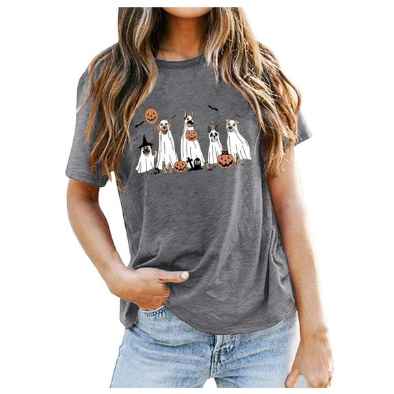 Women Summer Halloween Doodles T-Shirt Crewneck Short Sleeve Ghost Graphic Tees Casual Funny Halloween Party Tops