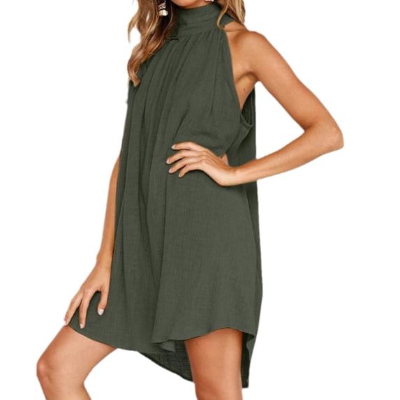 Women Summer Halter Neck Sleeveless Mini Dress Solid Color Hollow Out Back Pleated Ruffle A-Line Asymmetrical Hem Party Beach Sundress