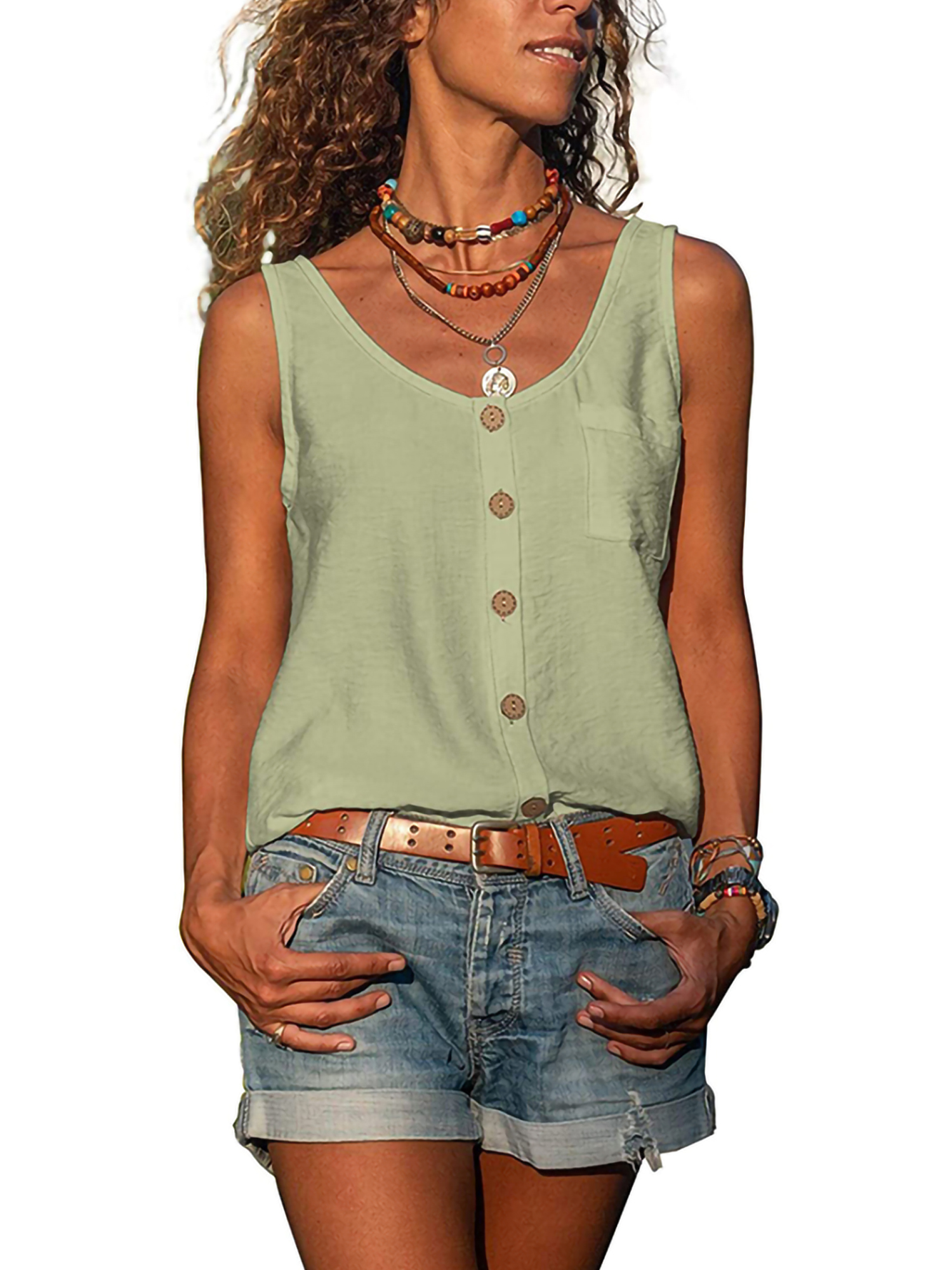 Women Summer Henley Cami Tank Tops Button Down Shirts Workout Casual Chiffon Sleeveless Cami Camisole Tunics Loose Fit Tees Blouse - image 1 of 3