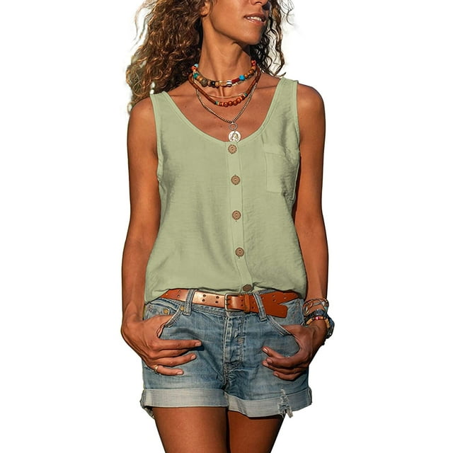 Women Summer Henley Cami Tank Tops Button Down Shirts Workout Casual Chiffon Sleeveless Cami Camisole Tunics Loose Fit Tees Blouse
