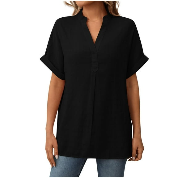 Women Summer Henley Neck Tunic Tops Square Stripe Shirts Rolled Sleeeve Tees Plain Basic Blouses Flowy Oversized T-Shirts Fashion Elegant Outfits 2025 Trends Clothes