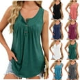 thumbnail image 1 of Women Summer Henley Tank Tops Casual Pleated Crewneck Button Sleeveless Tshirts Trendy Loose Fit Comfy Solid Color Camisole, 1 of 6
