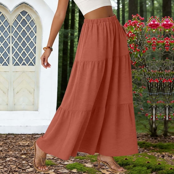 Women Summer High Waist Flowy Maxi Skirts Solid Color Casual Tiered Long Skirt with Pockets Elegant Pleated A-Line Skirt Watermelon Red XL