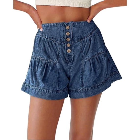 Women Summer High Waist Wide Leg Denim Shorts with Pockets