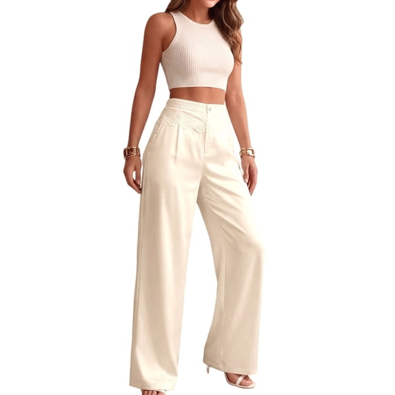Women Summer High Waisted Cotton Linen Palazzo Pants Wide Leg Long Lounge Pant Trousers Beige XL