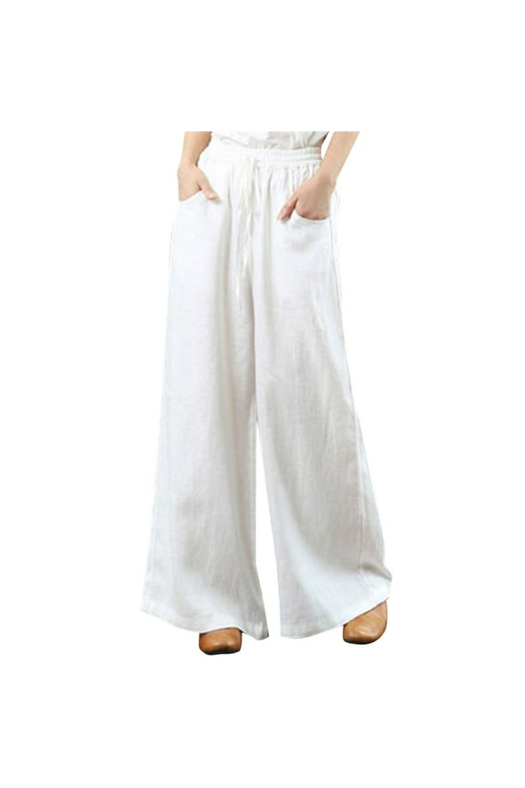 Women Summer High Waisted Cotton Linen Palazzo Pants Wide Leg Long Lounge Pant Trousers With Pocket