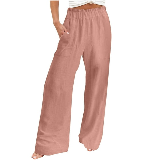 Women Summer High Waisted Cotton Linen Palazzo Pants Wide Leg Long Lounge Pant Trousers with Pocket Pink S