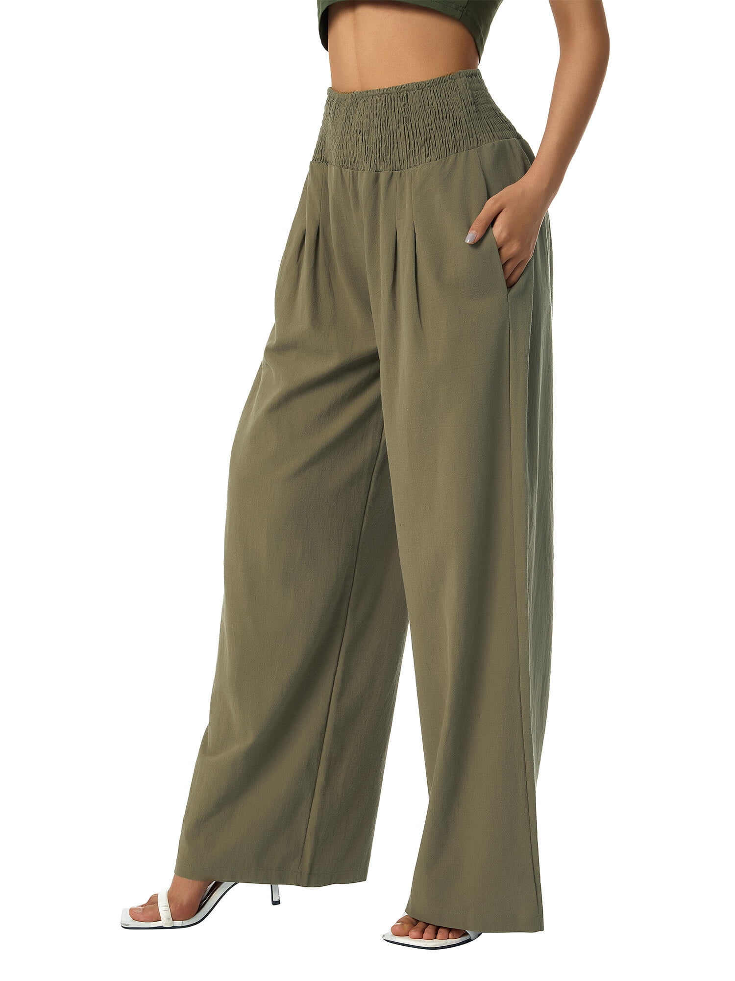 Women Summer High Waisted Cotton Linen Palazzo Pants Wide Leg Long Lounge  Pant Trousers with Pocket
