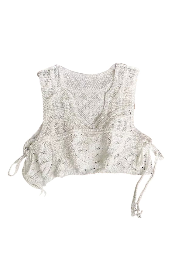 Women Summer Hollow Crochet Knit Sweater Vest Waistcoat Sexy V-Neck Side Split Tie Up Bandage Sleeveless Crop for Tank Top for Jacket Pullover Shirts Beachwear