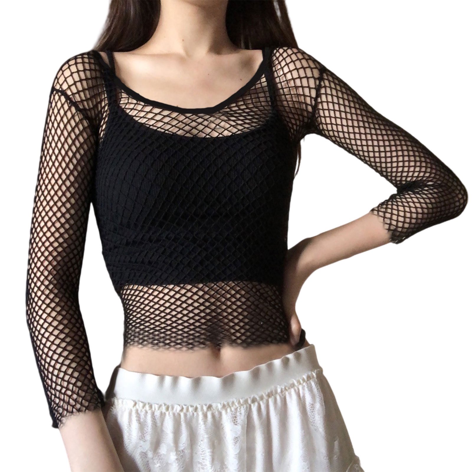 Women Summer Hollow Mesh Grid Crop Top Long Sleeve Sexy Off Shoulder Fishnet  T-Shirt See-Through Slim Cover Up Blouse - Walmart.com