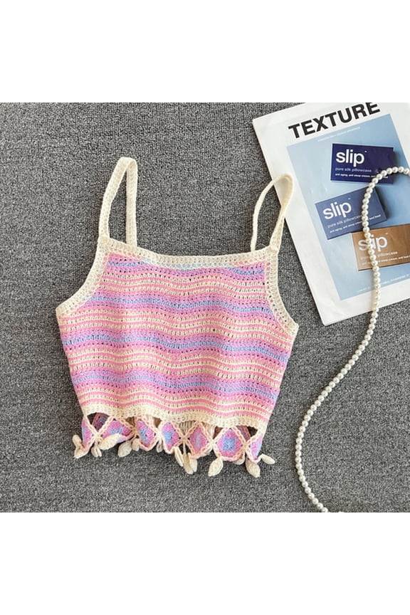 Women Summer Hollow Out Crochet Crop Female Knit Striped Tassels Boho Camisole Ladies Sleeveless See-Through Tank Tops