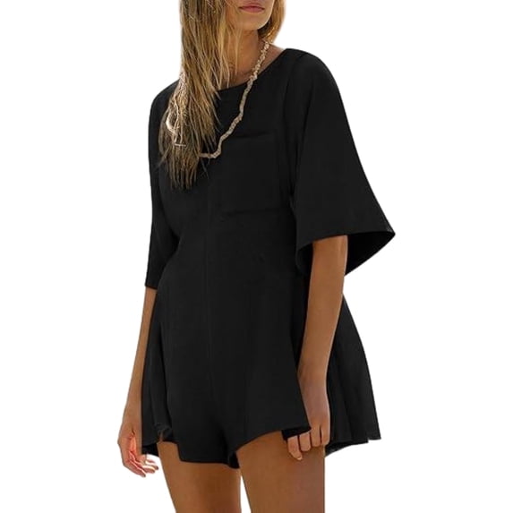 Women Summer Jumpsuit Casual Short Sleeve Round Neck Shorts Romper