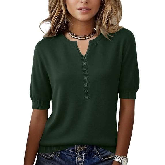 Women Summer Knit Shirt Blouse V Neck Short Sleeve Pullover Sweater Tops Dark Green L