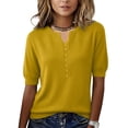 thumbnail image 1 of Women Summer Knit Shirt Blouse V Neck Short Sleeve Pullover Sweater Tops Earthy Yellow M, 1 of 4