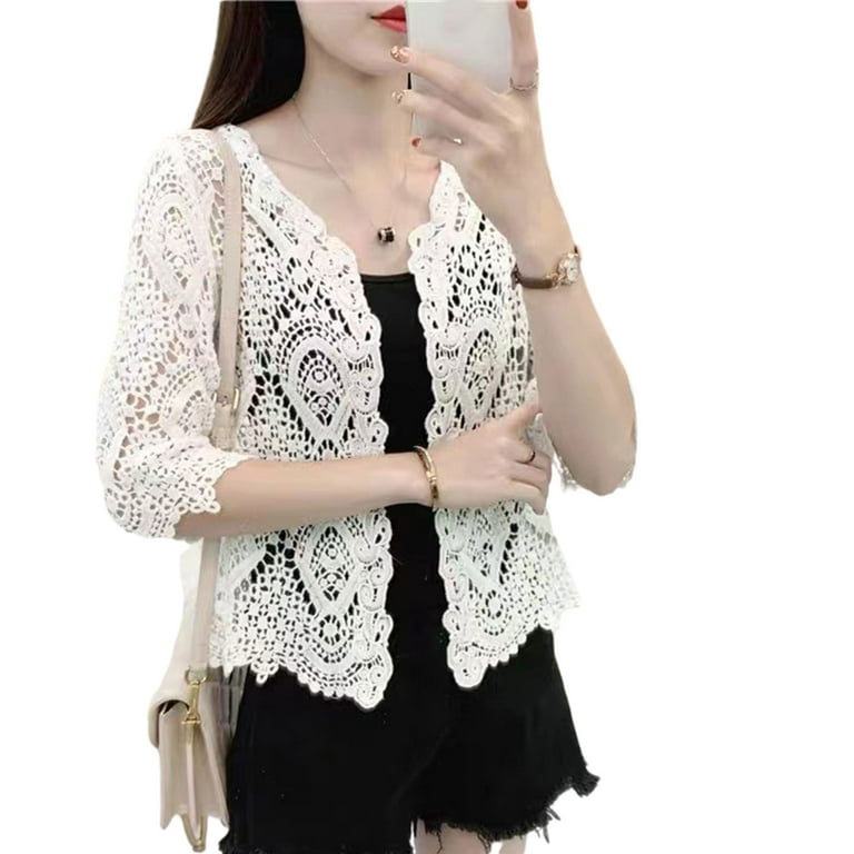 Women Summer Knitted Lace Shrug Boho Hollow Crochet Floral 3 4 Sleeves Open Front Cropped Cardigan Elegant Short Mesh Sweater Cover Up Outwear