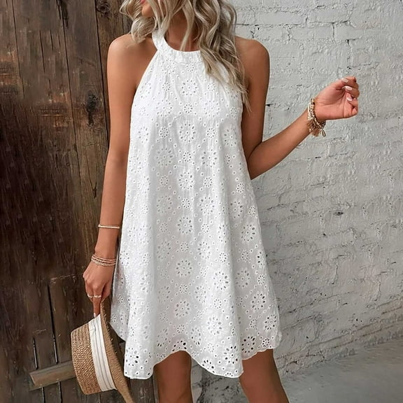 Women Summer Lace Crochet Dresses Fashion Casual Round Neck Solid Color Tunic Dress Boho Beach Sleeveless Tank Dress Vestidos