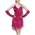 thumbnail image 1 of Women Summer Lace Fashion Sequined Sling Halter Latin Dance Dress Tassel Costume Dance Mini Dress, 1 of 5