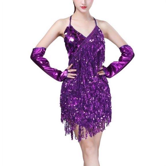 Women Summer Lace Fashion Sequined Sling Halter Latin Dance Dress Tassel Costume Dance Mini Dress