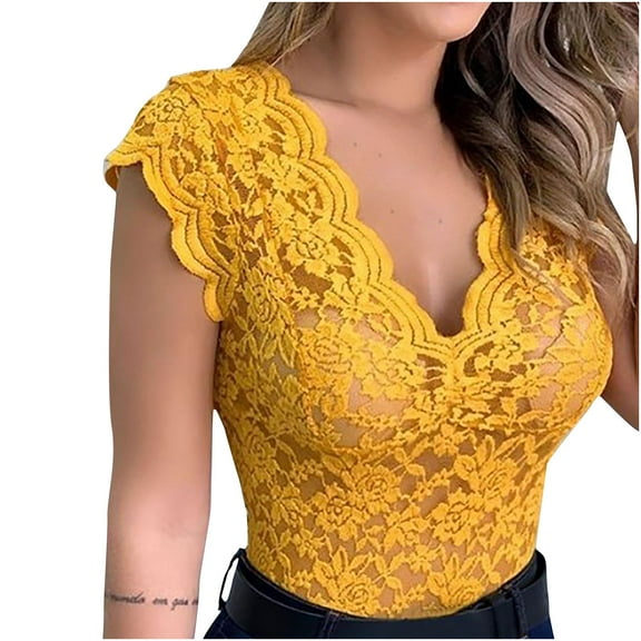 Women Summer Lace Tank Tops Fashion Deep V Neck Sleeveless Shirts Slim Fitted Solid Color Plus Size Blouses (XL, Yellow)