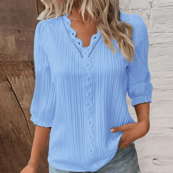 Women Summer Lace V Neck Plain Lace Elegant Shirt Fashion Solid Color Elegant Blouse 3/4 Length Sleeve Plus Size Scrub Tops Light Blue M