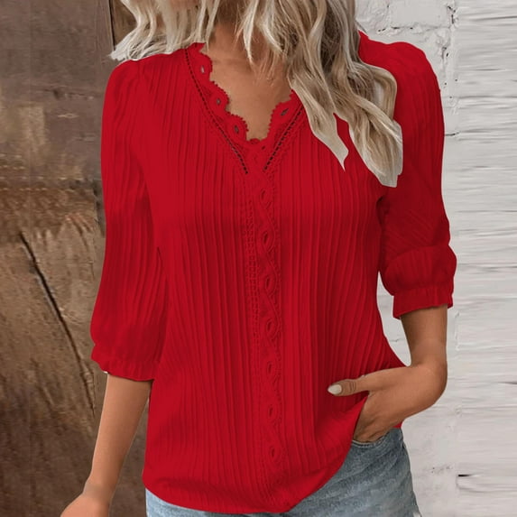 Women Summer Lace V Neck Plain Lace Elegant Shirt Fashion Solid Color Elegant Blouse 3/4 Length Sleeve Plus Size Scrub Tops Red S