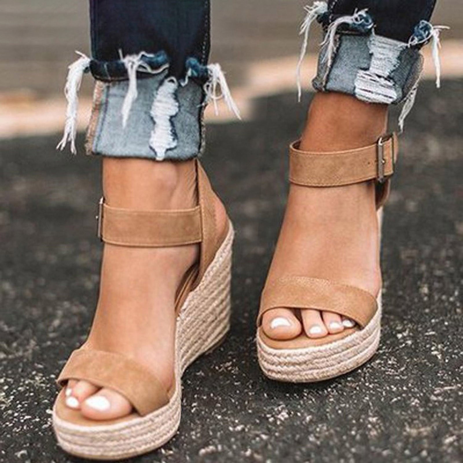 Shoes large size wedge heel sandals simple European and American woven hemp  rope women's shoes platform sandals creamy-white 4 | PGMall