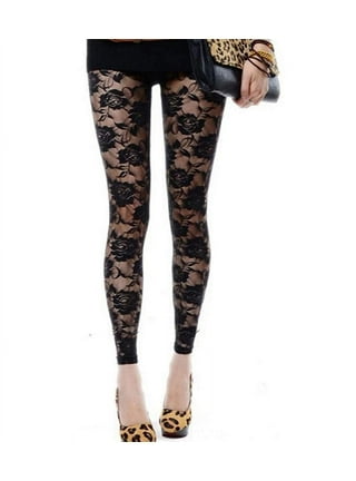 wybzd Women's Lace Hollow Leggings Floral Plus Size Stretch Pants Lace  Insert Sheer Leggings Black XL 