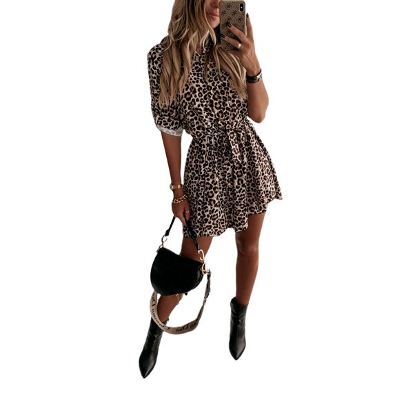 Women Summer Leopard Tunic Dress Lapel Neck Long Sleeve Casual Loose Flowy Swing Shift Dres