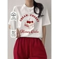 thumbnail image 1 of Women Summer Letter Cherry Printed Round Neck Short Sleeve Casual T-Shirt CREAMCHERRY Honey Cake Cute Tops,Graphic Tees, 1 of 10